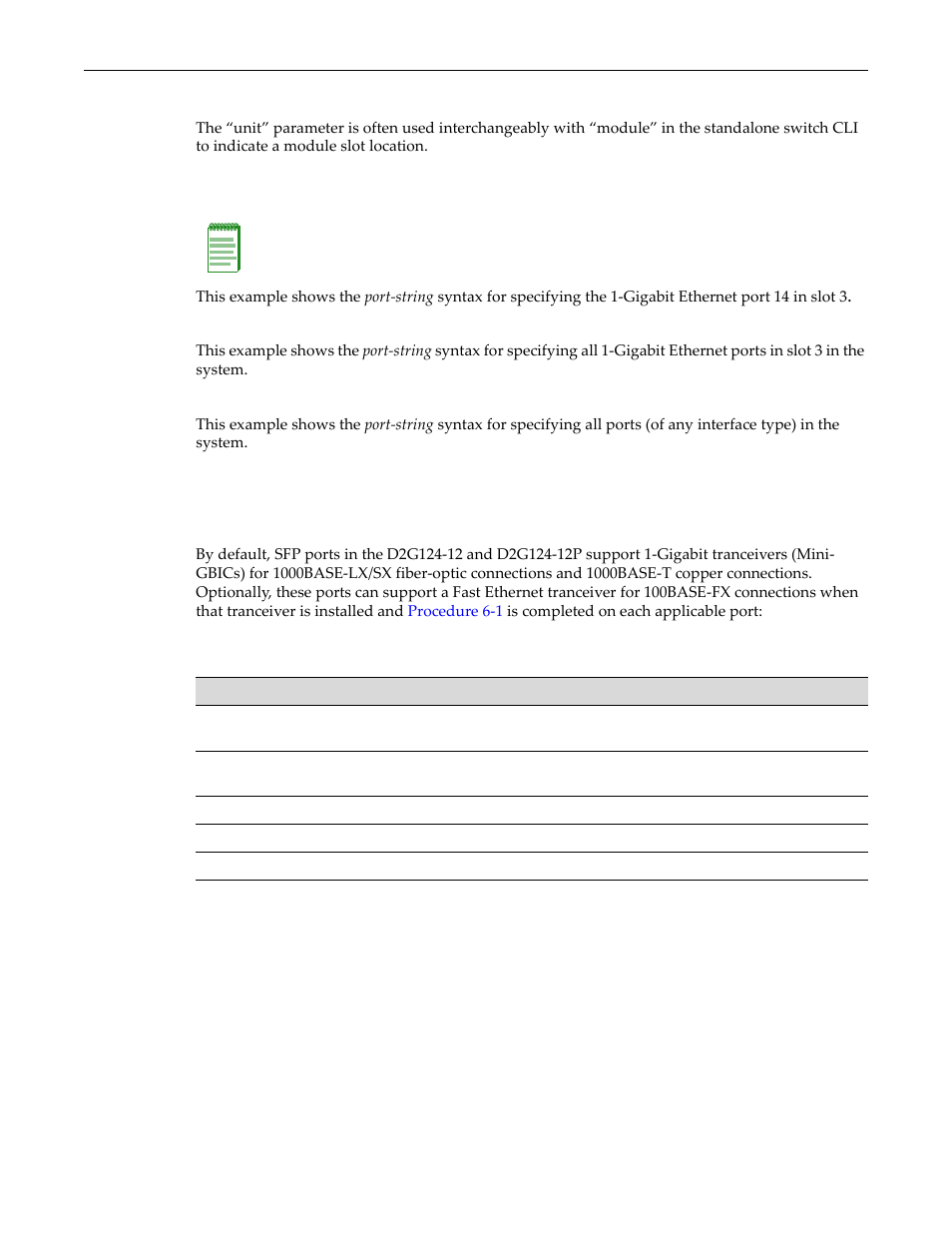 Port slot/unit parameters used in the cli, Examples, Configuring sfp ports for 100base-fx | Configuring sfp ports for 100base-fx -2 | Enterasys Networks D-Series User Manual | Page 128 / 540