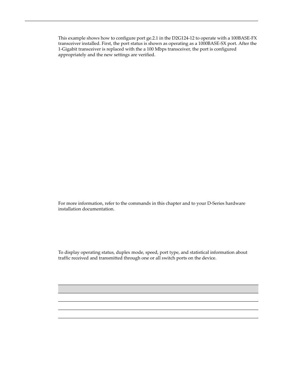 Example, Reviewing port status, Purpose | Commands, Reviewing port status -3, Purpose -3 commands -3 | Enterasys Networks D-Series User Manual | Page 129 / 540