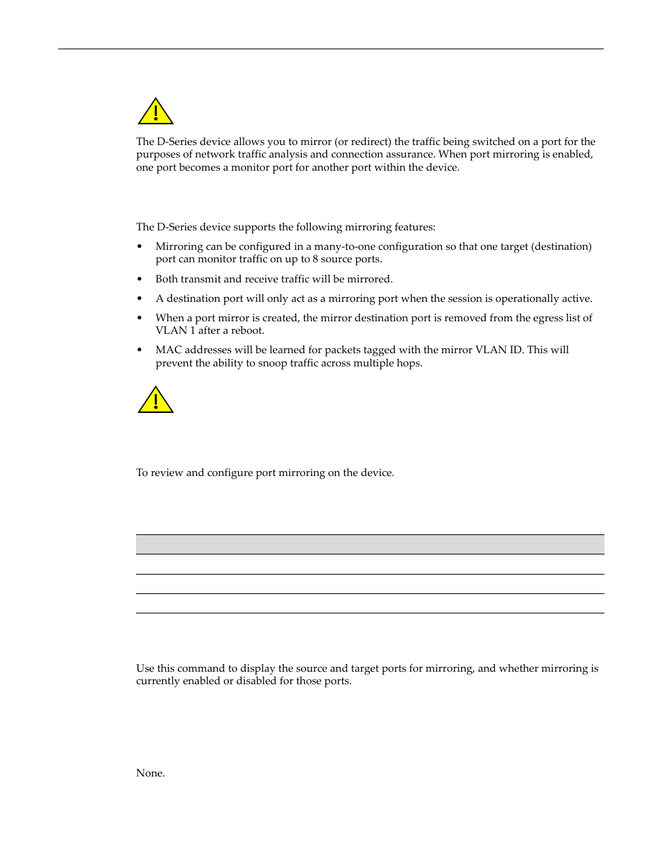 Port mirroring, Mirroring features, Purpose | Commands, Show port mirroring, Port mirroring -33, Mirroring features -33 purpose -33 commands -33, Show port mirroring -33 | Enterasys Networks D-Series User Manual | Page 159 / 540