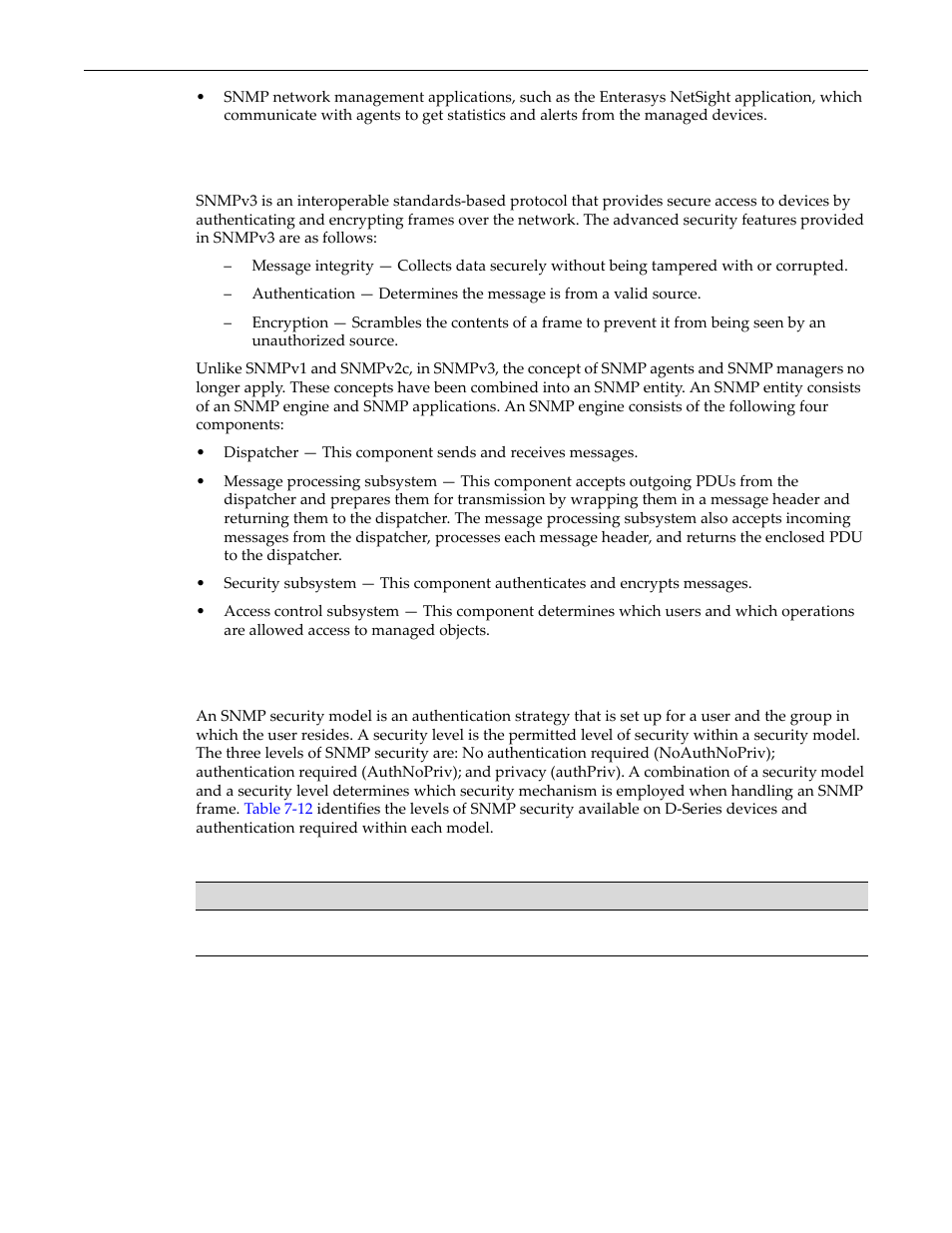 Snmpv3, About snmp security models and levels, Snmpv3 -2 about snmp security models and levels -2 | Snmp security levels -2 | Enterasys Networks D-Series User Manual | Page 182 / 540