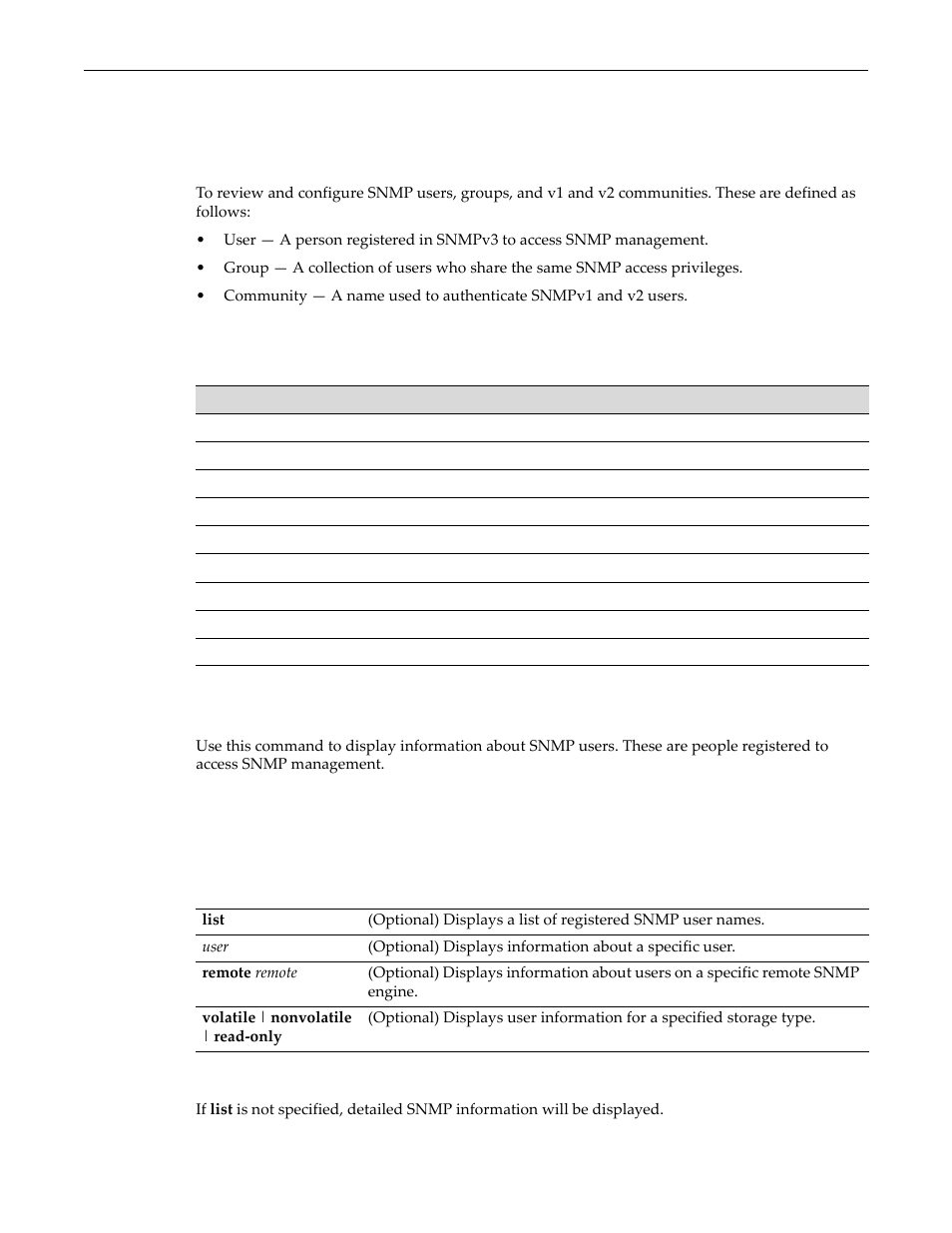 Configuring snmp users, groups, and communities, Purpose, Commands | Show snmp user, Configuring snmp users, groups, and communities -8, Purpose -8 commands -8, Show snmp user -8 | Enterasys Networks D-Series User Manual | Page 188 / 540