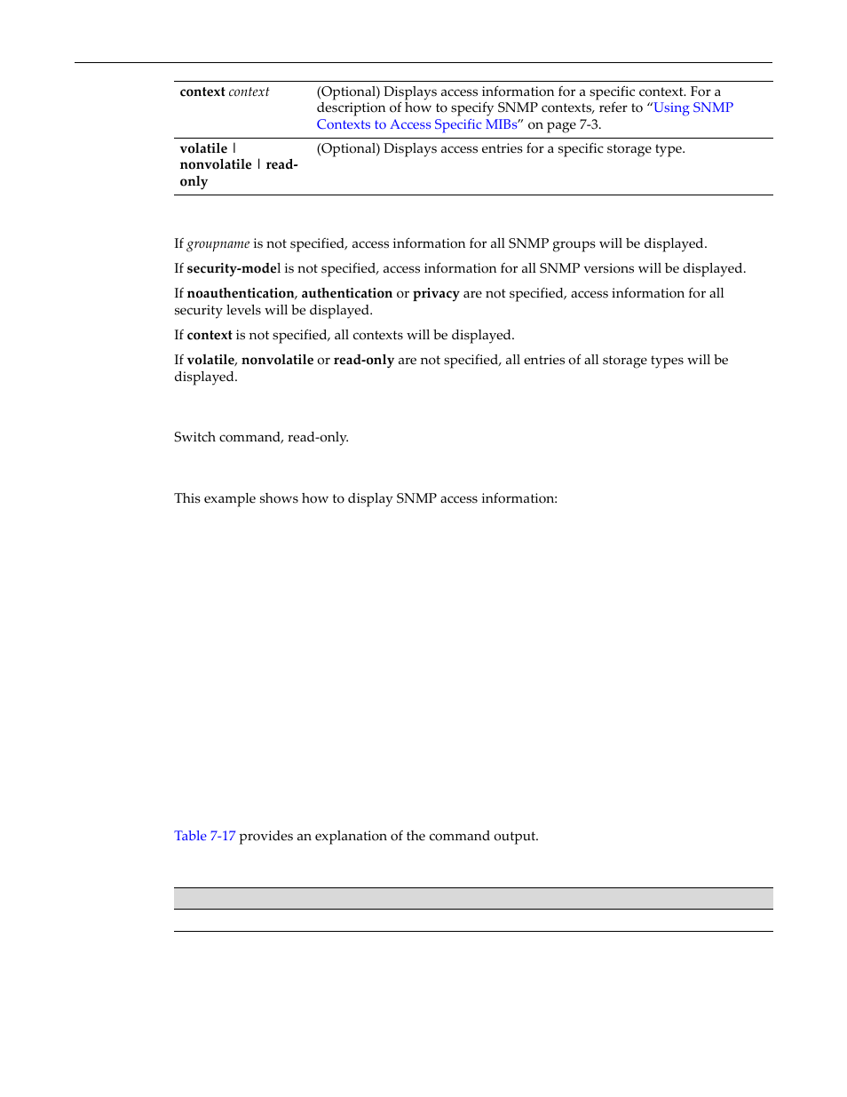 Show snmp access output details -16, Defaults, Mode | Example | Enterasys Networks D-Series User Manual | Page 196 / 540