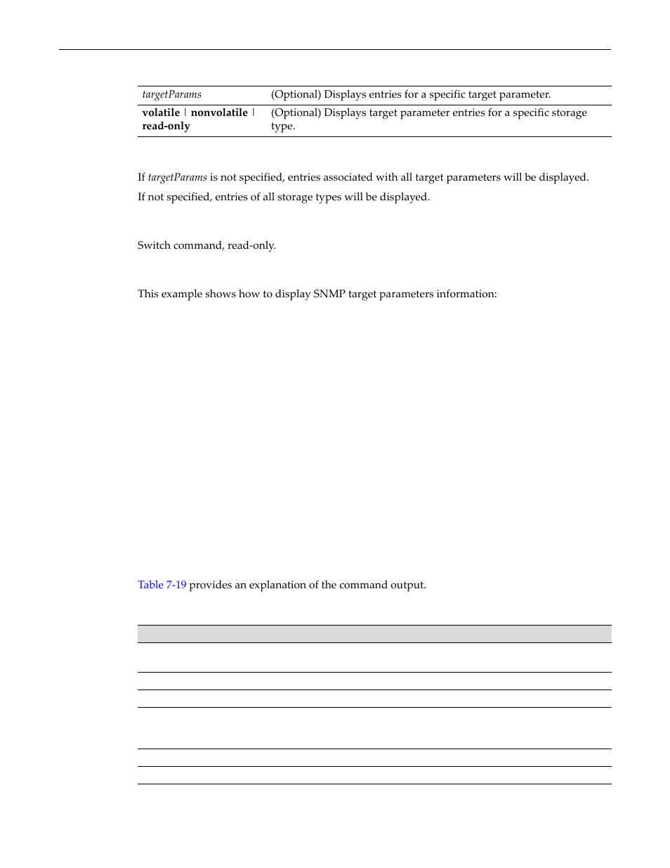 Show snmp targetparams output details -23, Parameters defaults, Mode | Example | Enterasys Networks D-Series User Manual | Page 203 / 540