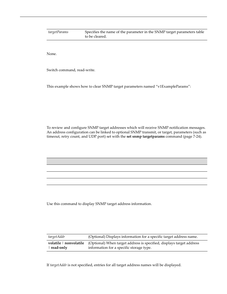 Configuring snmp target addresses, Purpose, Commands | Show snmp targetaddr, Configuring snmp target addresses -25, Purpose -25 commands -25, Show snmp targetaddr -25 | Enterasys Networks D-Series User Manual | Page 205 / 540