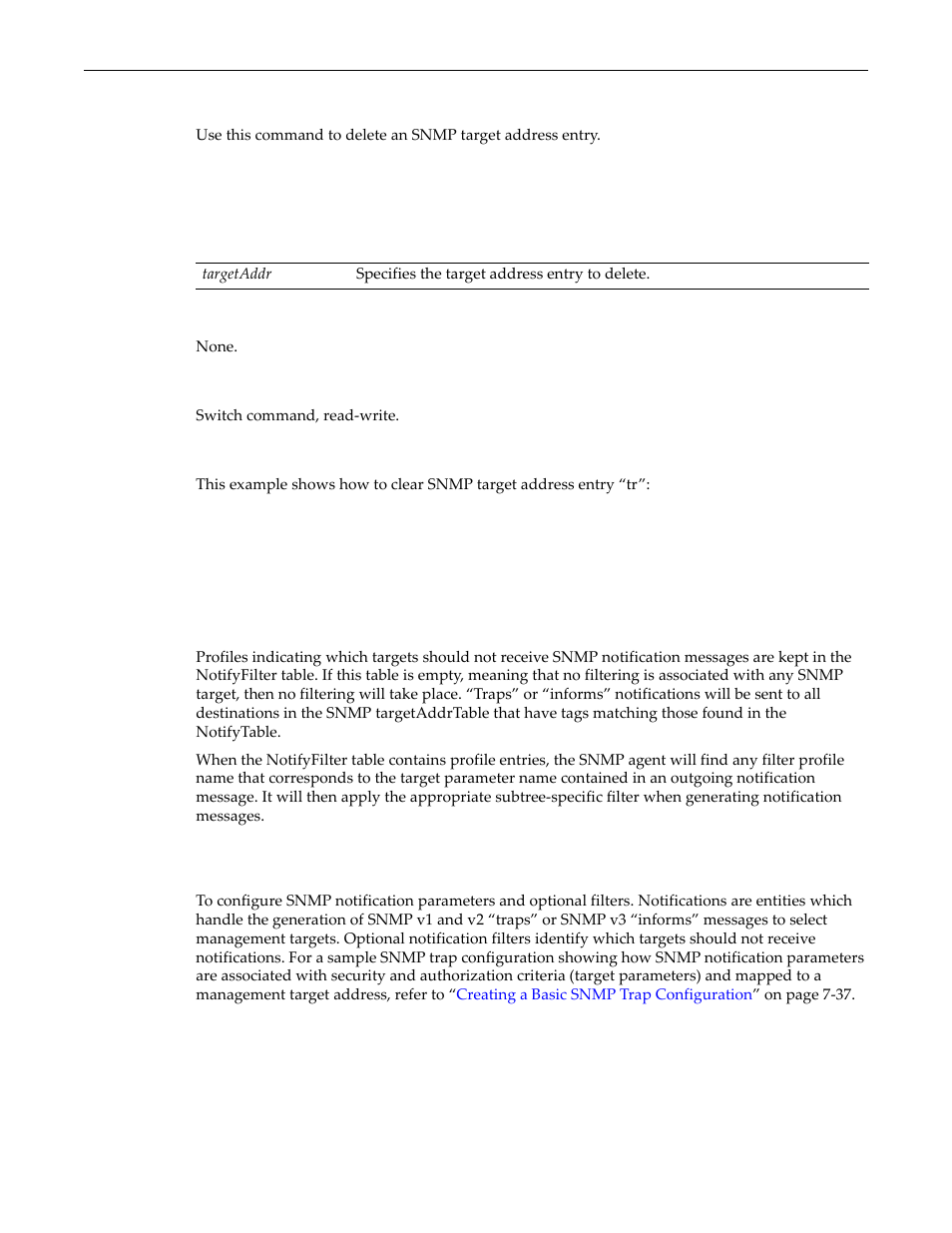 Clear snmp targetaddr, Configuring snmp notification parameters, About snmp notify filters | Purpose, Clear snmp targetaddr -28, Configuring snmp notification parameters -28, About snmp notify filters -28, Purpose -28 | Enterasys Networks D-Series User Manual | Page 208 / 540