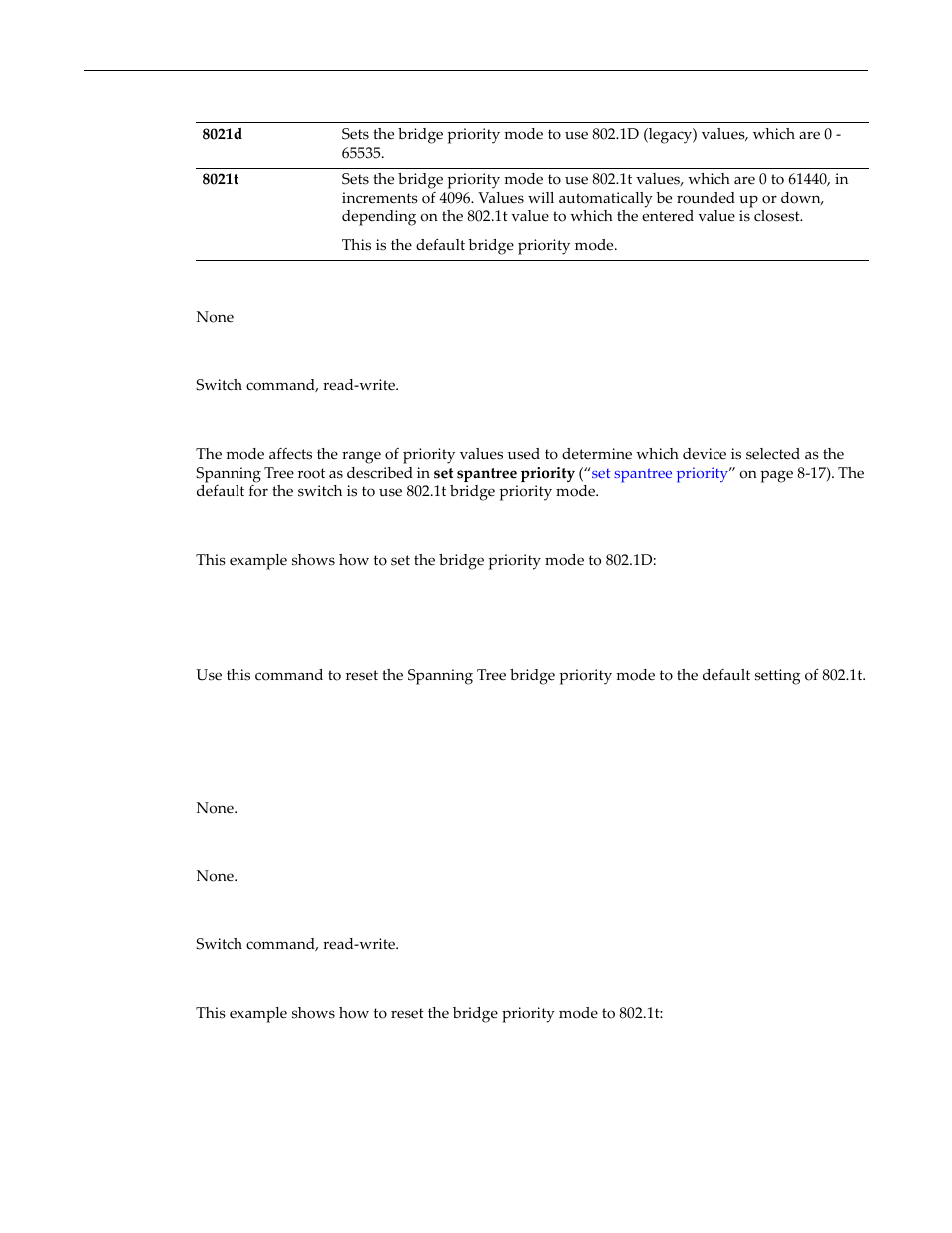 Clear spantree bridgeprioritymode, Clear spantree bridgeprioritymode -11 | Enterasys Networks D-Series User Manual | Page 229 / 540