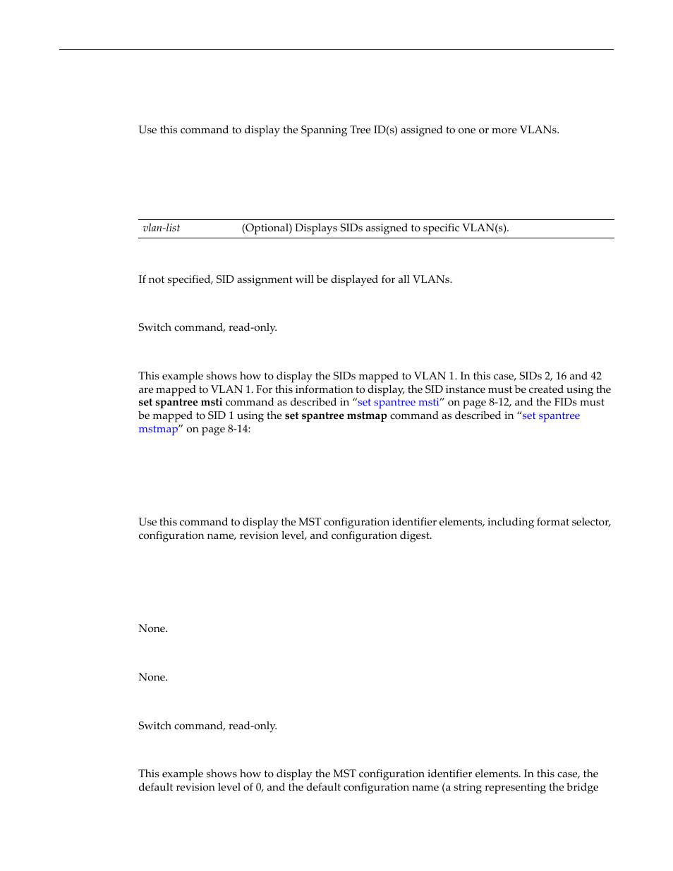 Show spantree vlanlist, Show spantree mstcfgid | Enterasys Networks D-Series User Manual | Page 233 / 540