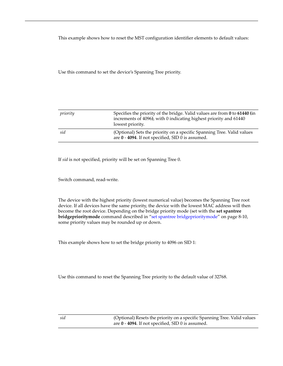 Set spantree priority, Clear spantree priority | Enterasys Networks D-Series User Manual | Page 235 / 540