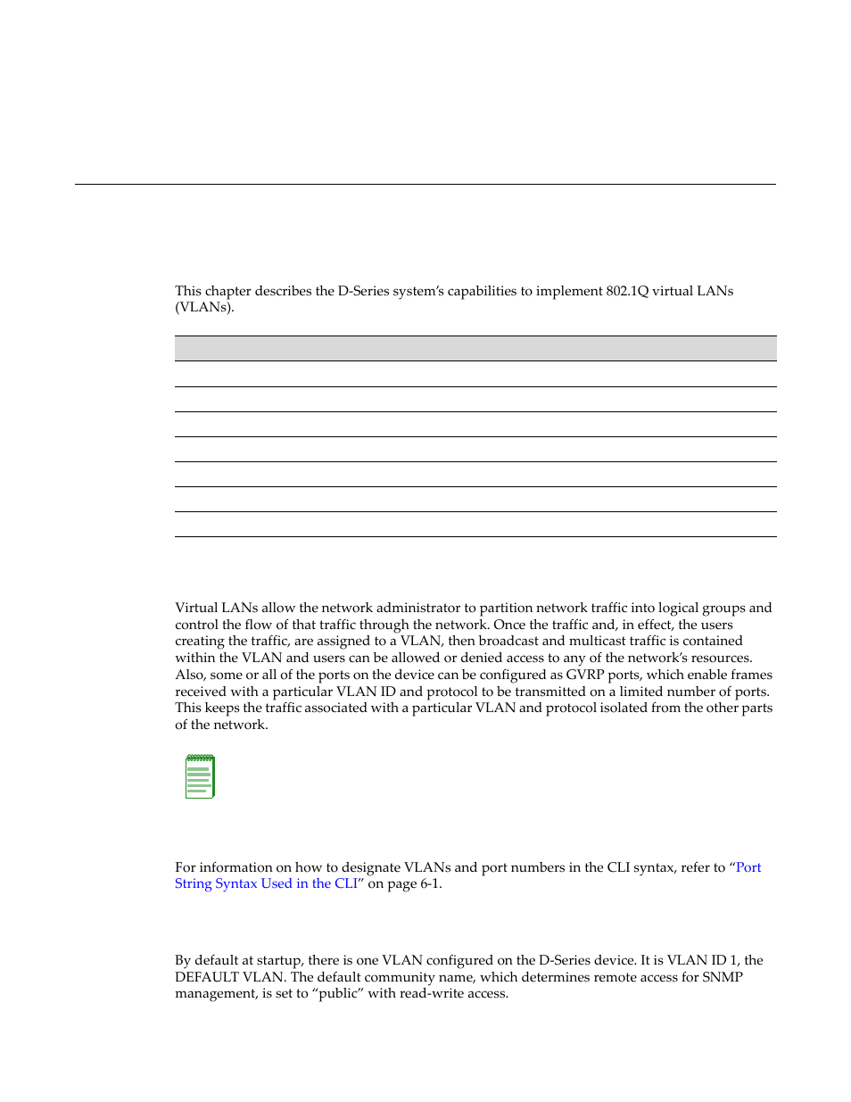 1q vlan configuration, Vlan configuration summary, Port string syntax used in the cli | Creating a secure management vlan, Chapter 9: 802.1q vlan configuration, Vlan configuration summary -1, Chapter 9 | Enterasys Networks D-Series User Manual | Page 273 / 540