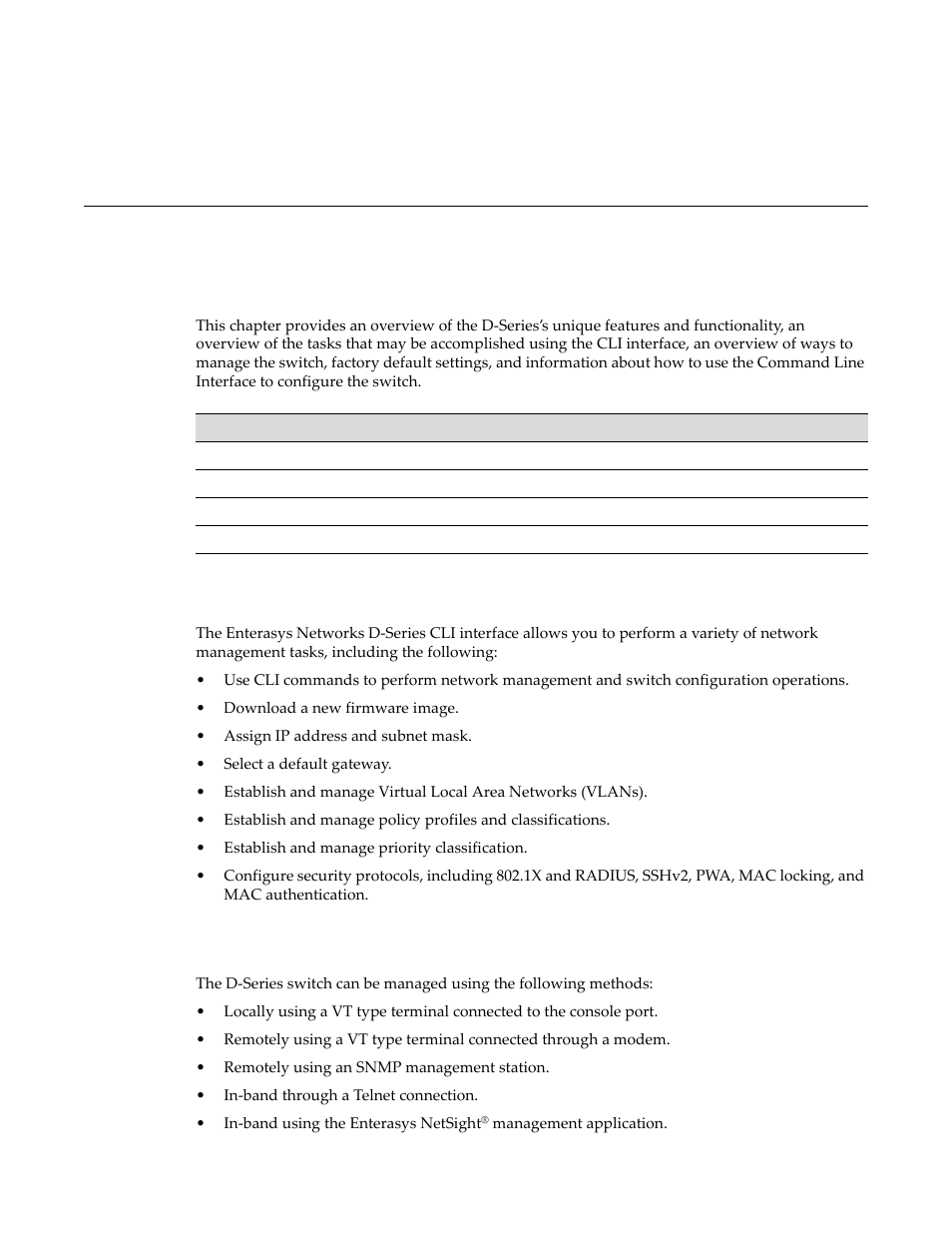 Introduction, D-series cli overview, Switch management methods | Chapter 1: introduction, Chapter 1 | Enterasys Networks D-Series User Manual | Page 29 / 540