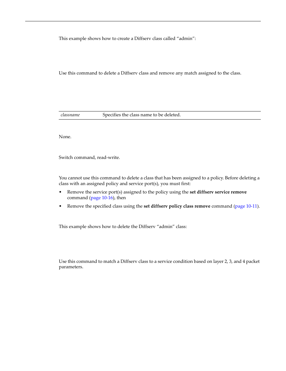 Set diffserv class delete, Set diffserv class match | Enterasys Networks D-Series User Manual | Page 303 / 540