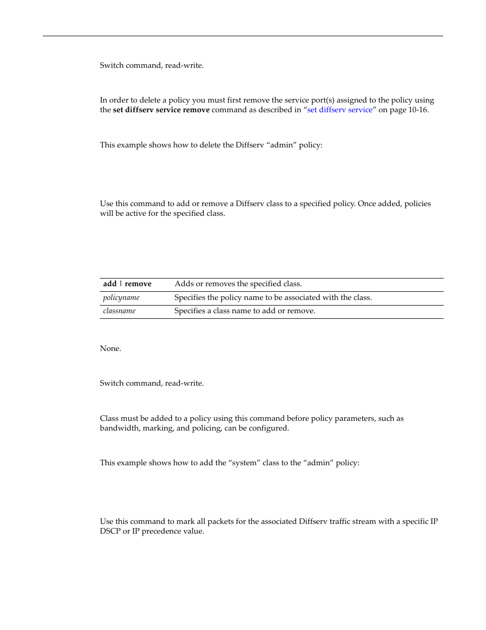 Set diffserv policy class, Set diffserv policy mark | Enterasys Networks D-Series User Manual | Page 309 / 540