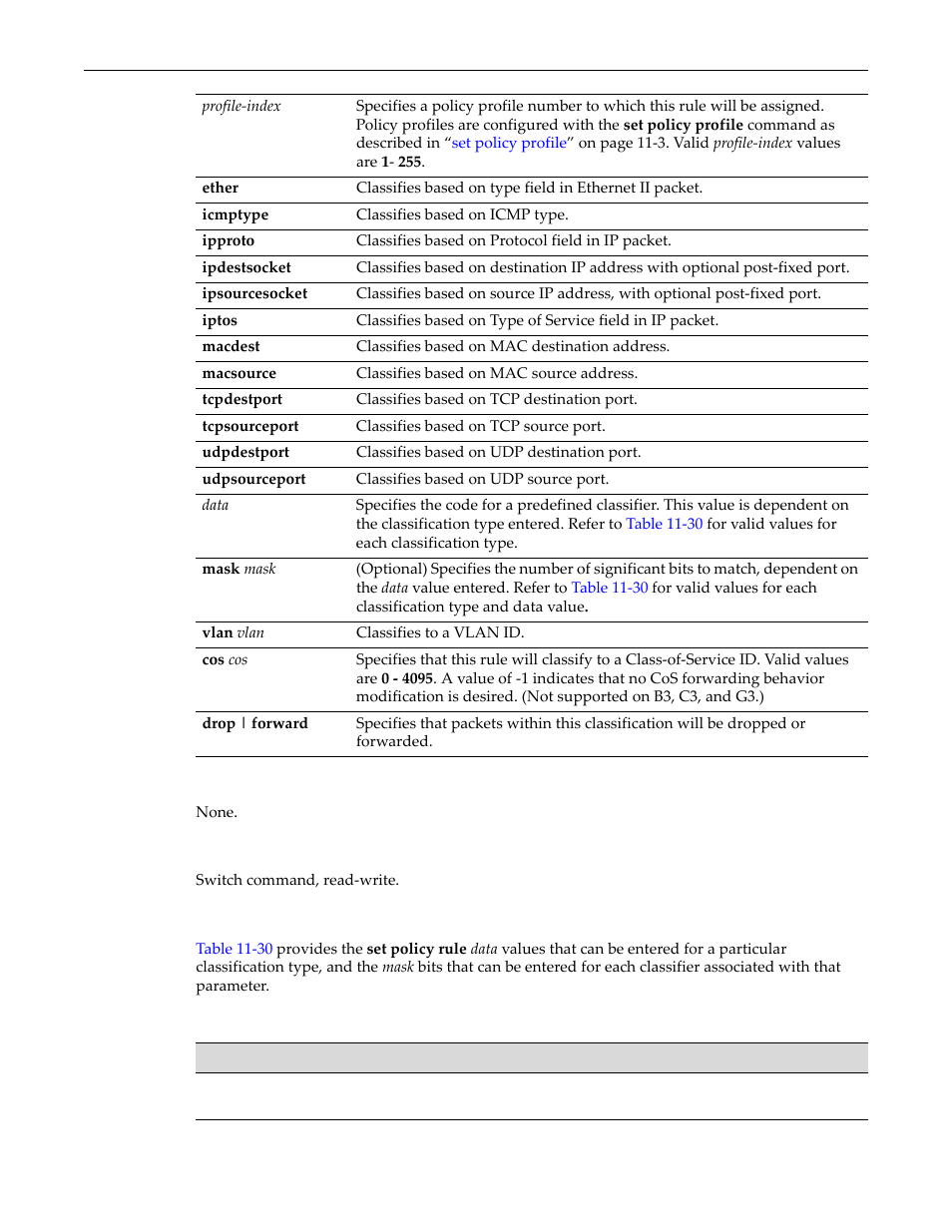 Valid values for policy classification rules -11, Table 11‐30, Table 11-30 | For va | Enterasys Networks D-Series User Manual | Page 327 / 540