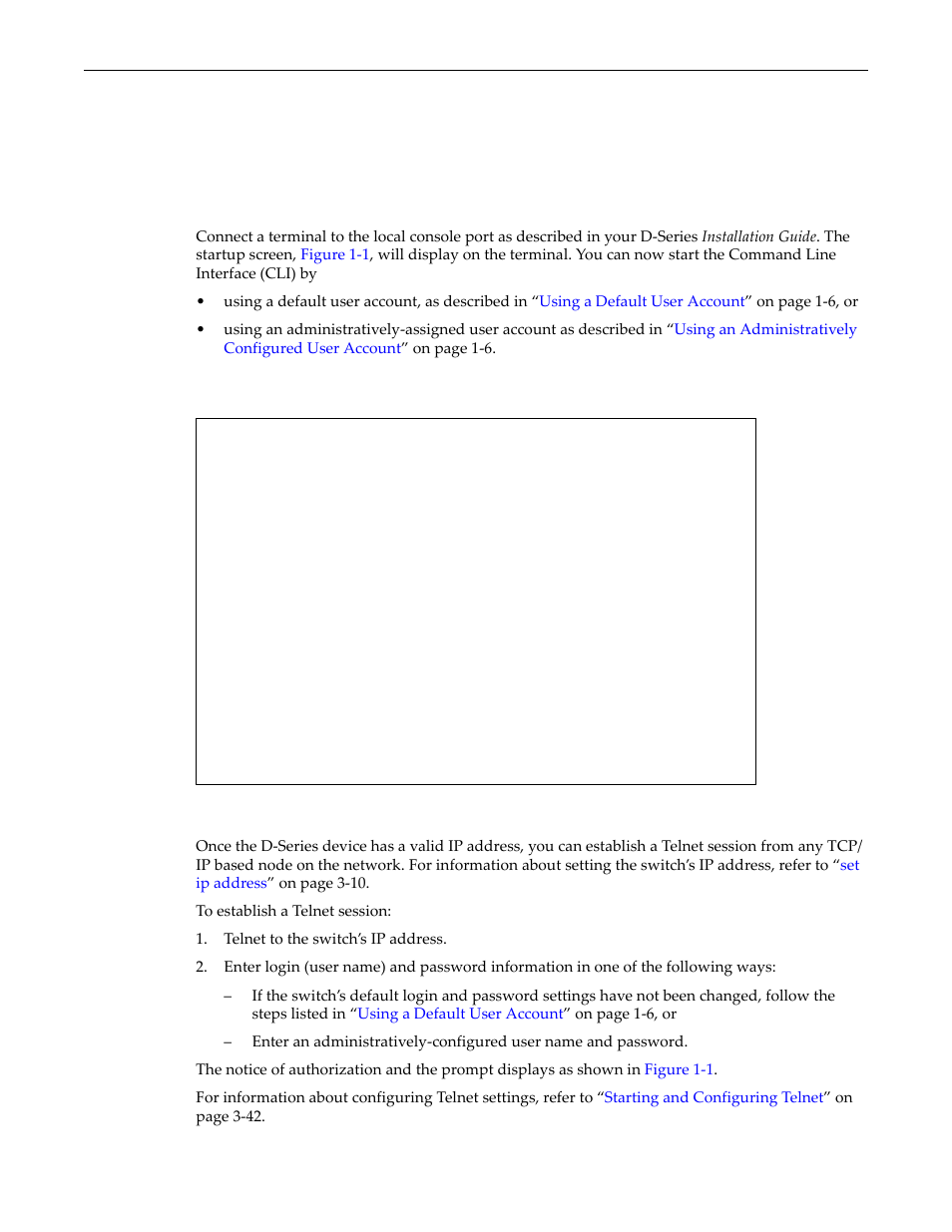 Using the command line interface, Starting a cli session, Connecting using the console port | Connecting using telnet, Using the command line interface -5, Starting a cli session -5, D-series startup screen -5 | Enterasys Networks D-Series User Manual | Page 33 / 540