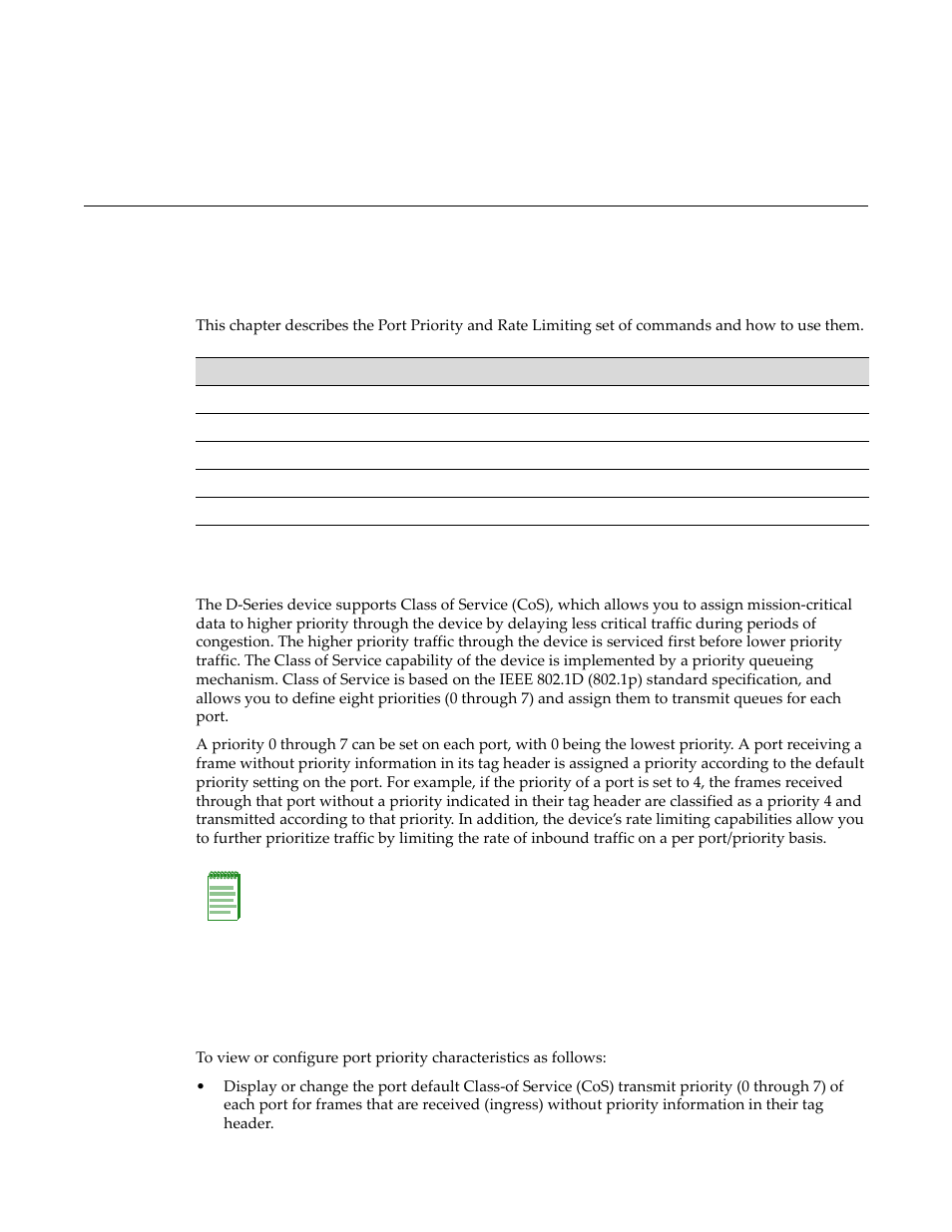 Port priority and rate limiting configuration, Port priority configuration summary, Configuring port priority | Purpose, Purpose -1, Chapter 12 | Enterasys Networks D-Series User Manual | Page 349 / 540