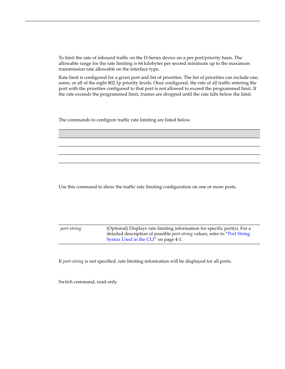 Configuring port traffic rate limiting, Purpose, Commands | Show port ratelimit, Configuring port traffic rate limiting -10, Purpose -10 commands -10, Show port ratelimit -10 | Enterasys Networks D-Series User Manual | Page 358 / 540