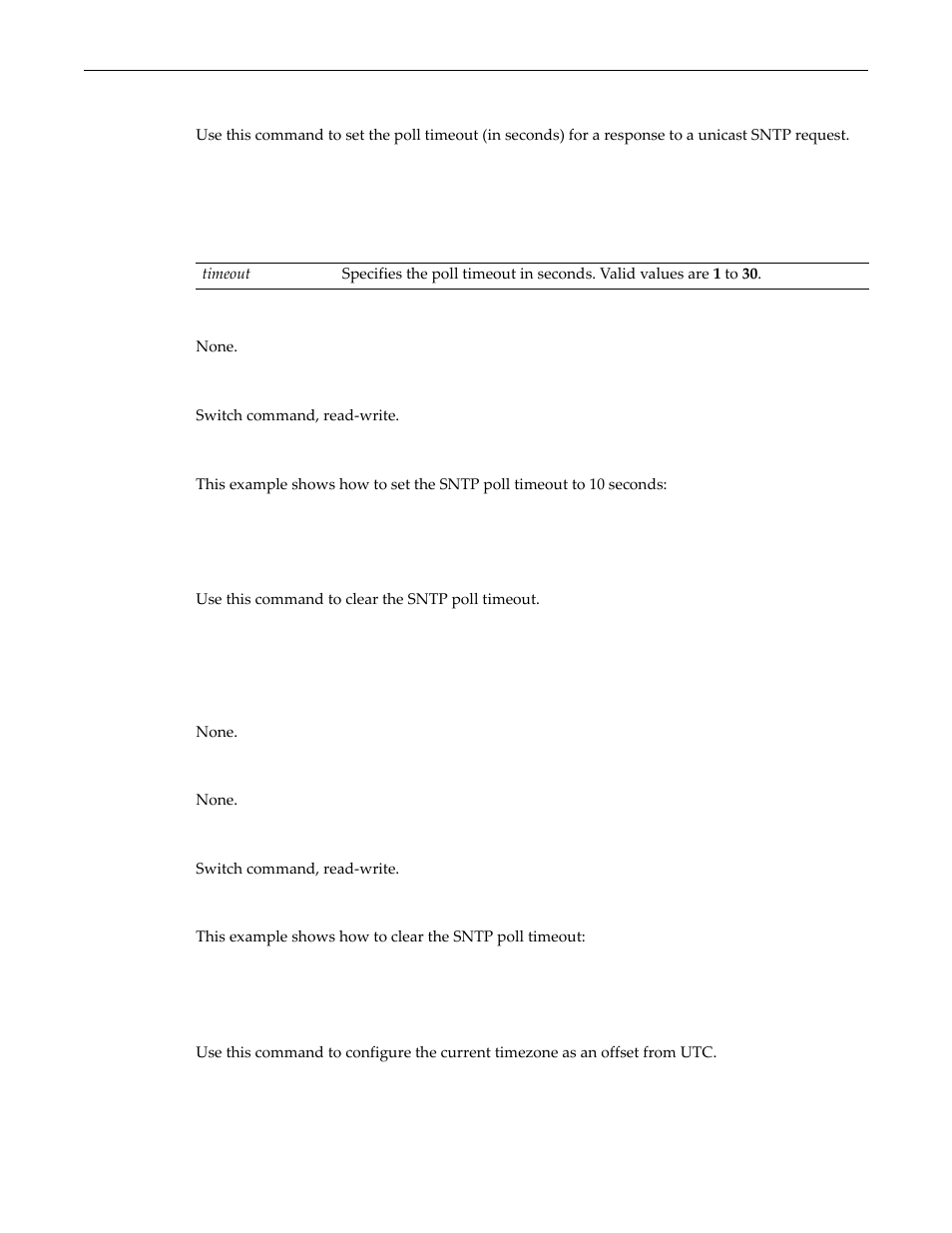 Set sntp poll-timeout, Clear sntp poll-timeout, Set timezone | Command | Enterasys Networks D-Series User Manual | Page 404 / 540