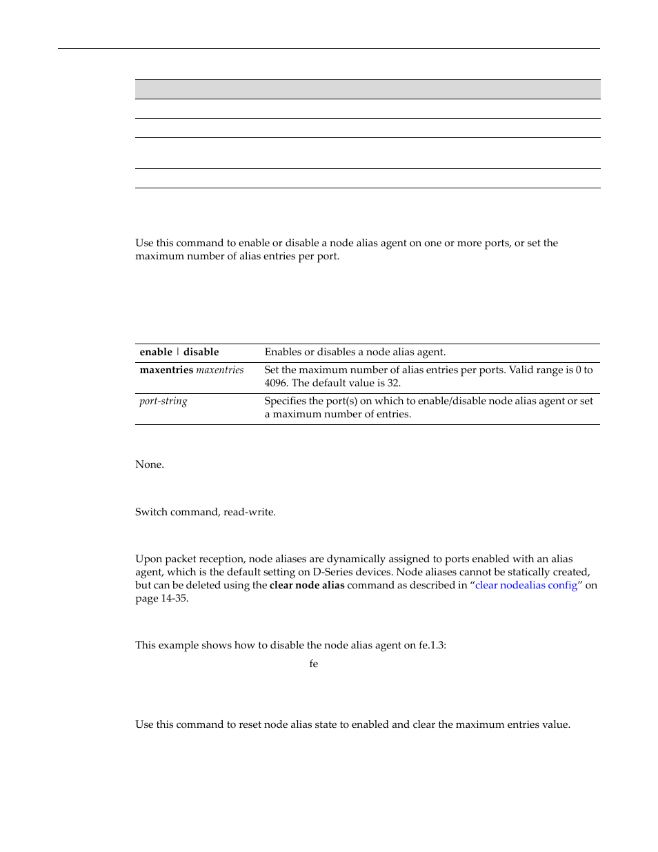 Set nodealias, Clear nodealias config, Set nodealias -35 clear nodealias config -35 | Show nodealias config output details -35, Table 14‐38 | Enterasys Networks D-Series User Manual | Page 407 / 540