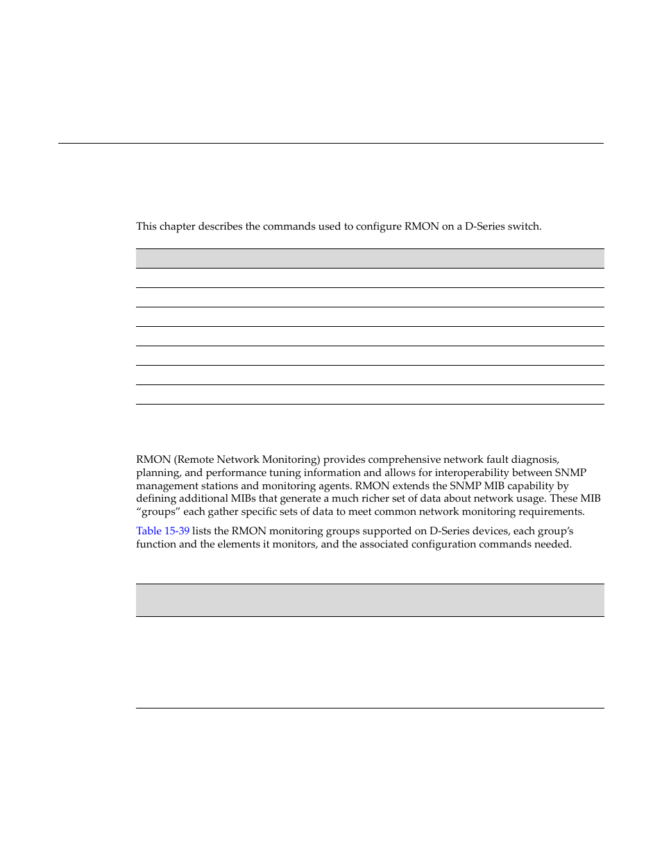 Rmon configuration, Rmon monitoring group functions, Chapter 15: rmon configuration | Rmon monitoring group functions -1, Rmon monitoring group functions and commands -1, Chapter 15, Rmon, Monitoring group functions | Enterasys Networks D-Series User Manual | Page 409 / 540