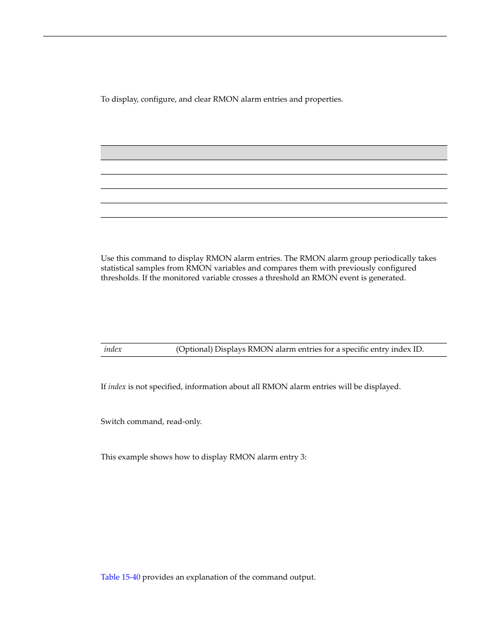 Alarm group commands, Purpose, Commands | Show rmon alarm, Alarm group commands -9, Purpose -9 commands -9, Show rmon alarm -9 | Enterasys Networks D-Series User Manual | Page 417 / 540