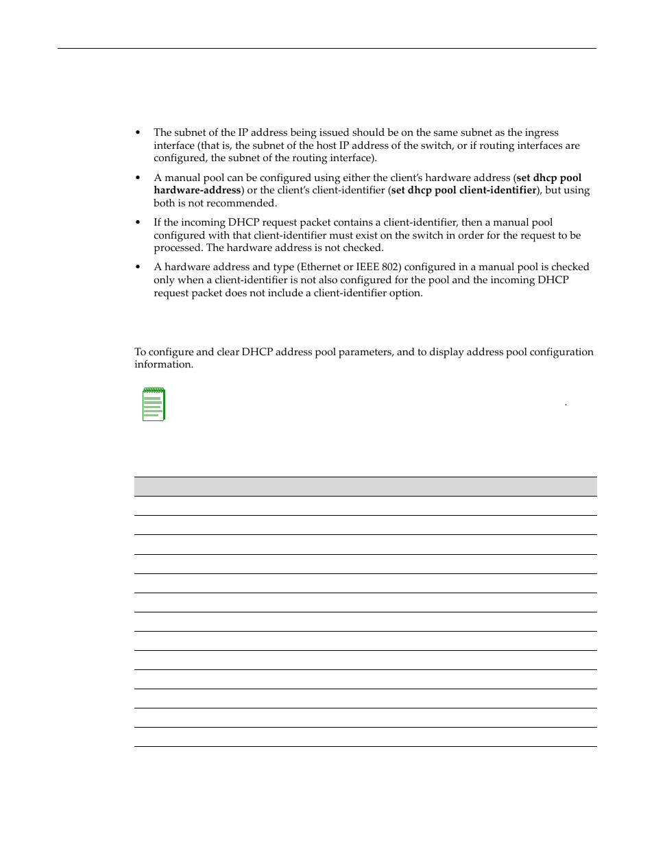 Configuring ip address pools, Manual pool configuration considerations, Purpose | Commands, Configuring ip address pools -11 | Enterasys Networks D-Series User Manual | Page 443 / 540