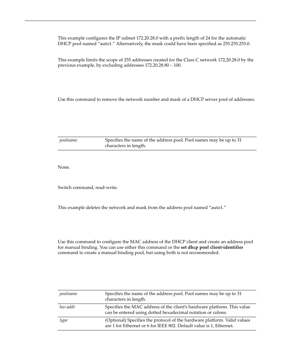 Clear dhcp pool network, Set dhcp pool hardware-address | Enterasys Networks D-Series User Manual | Page 446 / 540