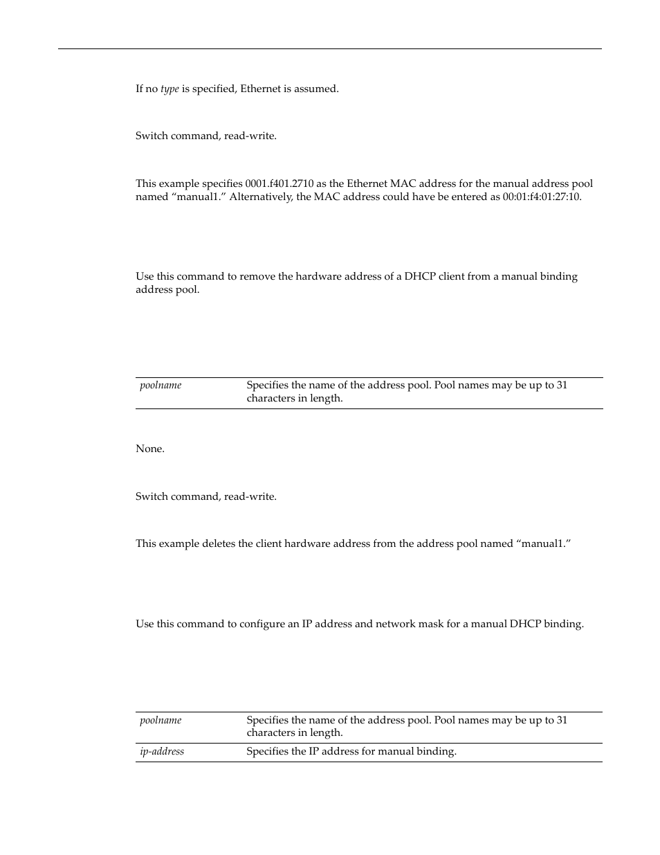 Clear dhcp pool hardware-address, Set dhcp pool host | Enterasys Networks D-Series User Manual | Page 447 / 540