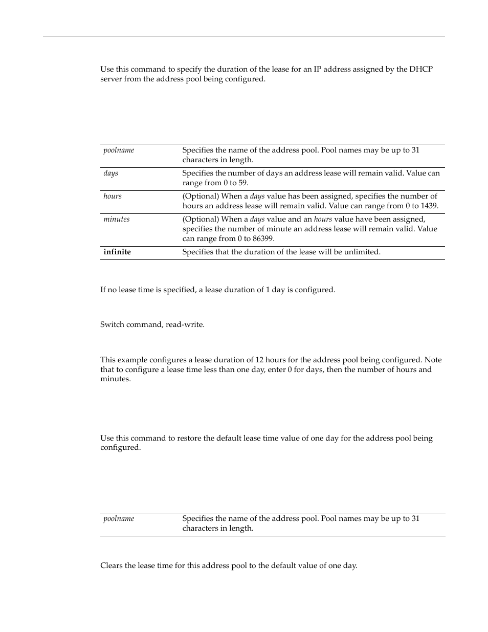 Set dhcp pool lease, Clear dhcp pool lease, Set dhcp pool lease -21 clear dhcp pool lease -21 | Enterasys Networks D-Series User Manual | Page 453 / 540