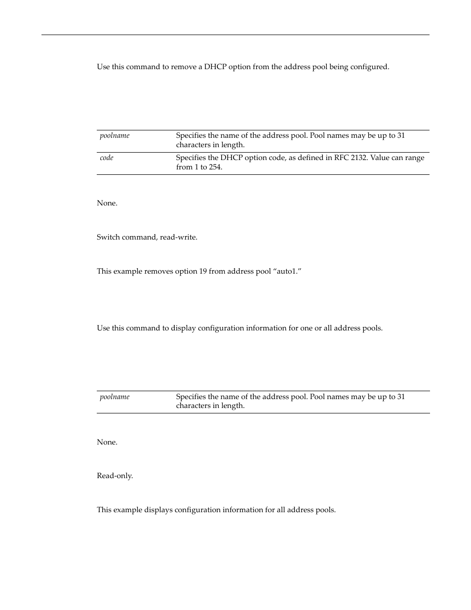 Clear dhcp pool option, Show dhcp pool configuration | Enterasys Networks D-Series User Manual | Page 460 / 540