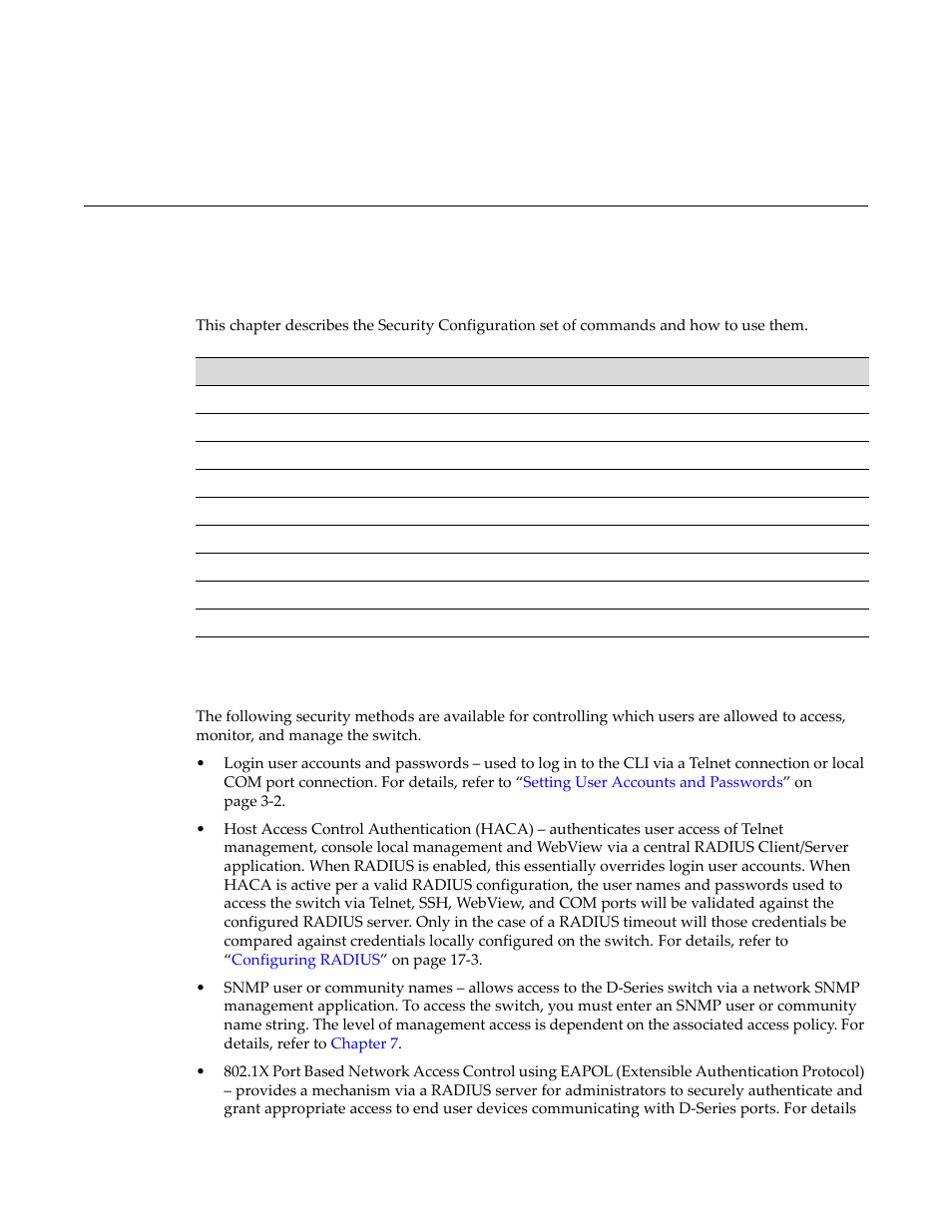 Security configuration, Overview of security methods, Chapter 17: security configuration | Overview of security methods -1, Chapter 17 | Enterasys Networks D-Series User Manual | Page 463 / 540