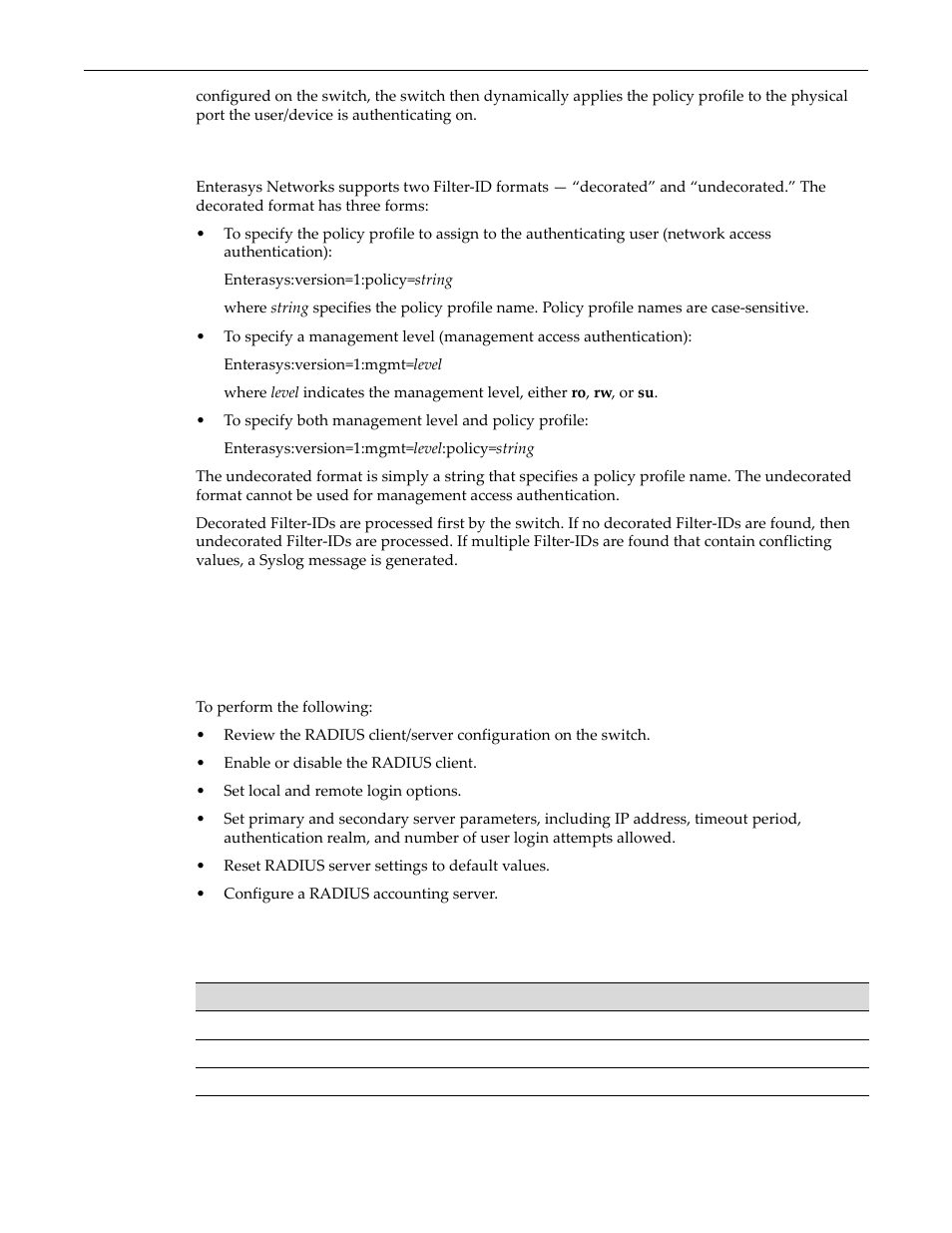 Filter-id attribute formats, Configuring radius, Purpose | Commands, Configuring radius -3, Purpose -3 commands -3 | Enterasys Networks D-Series User Manual | Page 465 / 540