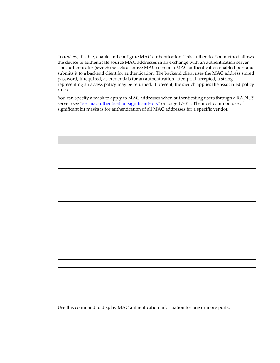 Configuring mac authentication, Purpose, Commands | Show macauthentication, Configuring mac authentication -21, Purpose -21 commands -21, Show macauthentication -21 | Enterasys Networks D-Series User Manual | Page 483 / 540