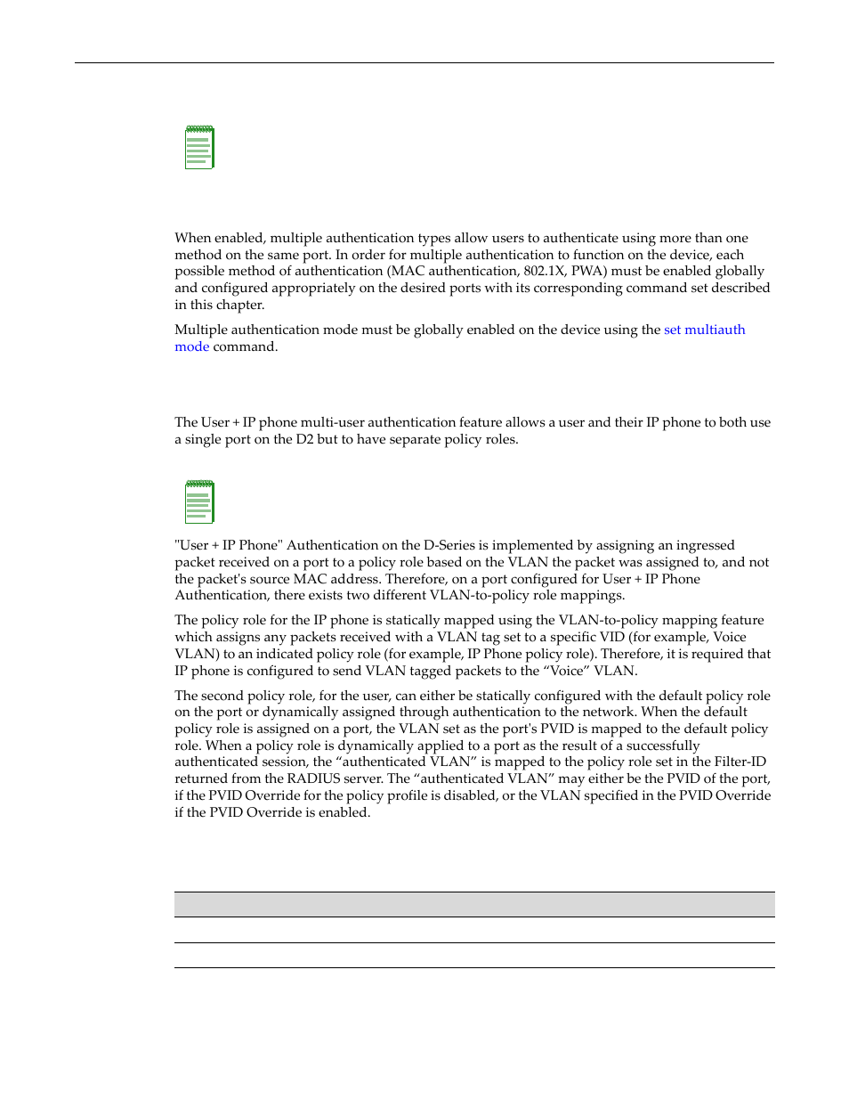 Configuring multiple authentication methods, About multiple authentication types, Commands | Configuring multiple authentication methods -33, Configuring multiple authentication, Methods, Configuring multi‐user authentication, User + ip phone) | Enterasys Networks D-Series User Manual | Page 495 / 540