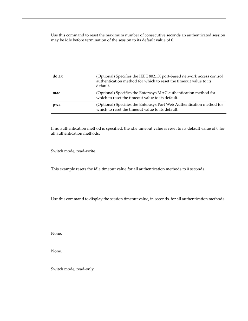 Clear multiauth idle-timeout, Show multiauth session-timeout | Enterasys Networks D-Series User Manual | Page 504 / 540