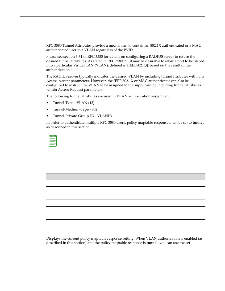 Configuring vlan authorization (rfc 3580), Purpose, Commands | Show policy maptable response, Configuring vlan authorization (rfc 3580) -45, Purpose -45 commands -45, Show policy maptable response -45, Configuring vlan, Authorization (rfc 3580) | Enterasys Networks D-Series User Manual | Page 507 / 540
