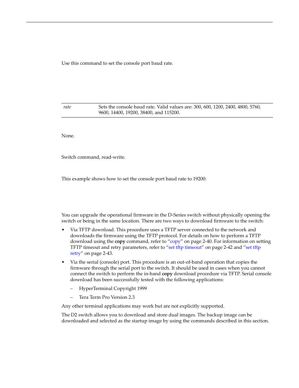 Set console baud, Downloading a firmware image, Set console baud -28 | Downloading a firmware image -28, Downloading a, Firmware image | Enterasys Networks D-Series User Manual | Page 66 / 540