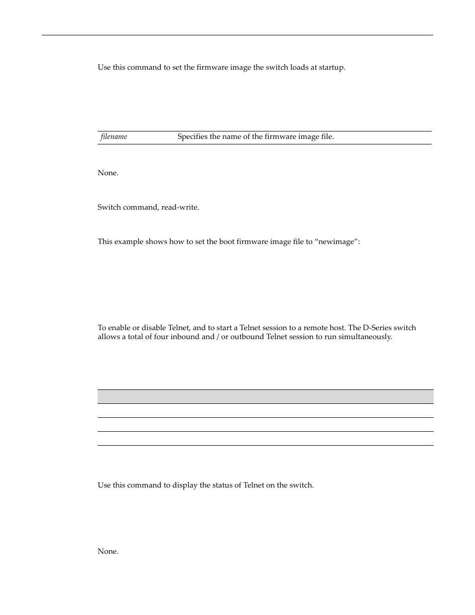 Set boot system, Starting and configuring telnet, Purpose | Commands, Show telnet, Set boot system -32, Starting and configuring telnet -32, Purpose -32 commands -32, Show telnet -32 | Enterasys Networks D-Series User Manual | Page 70 / 540