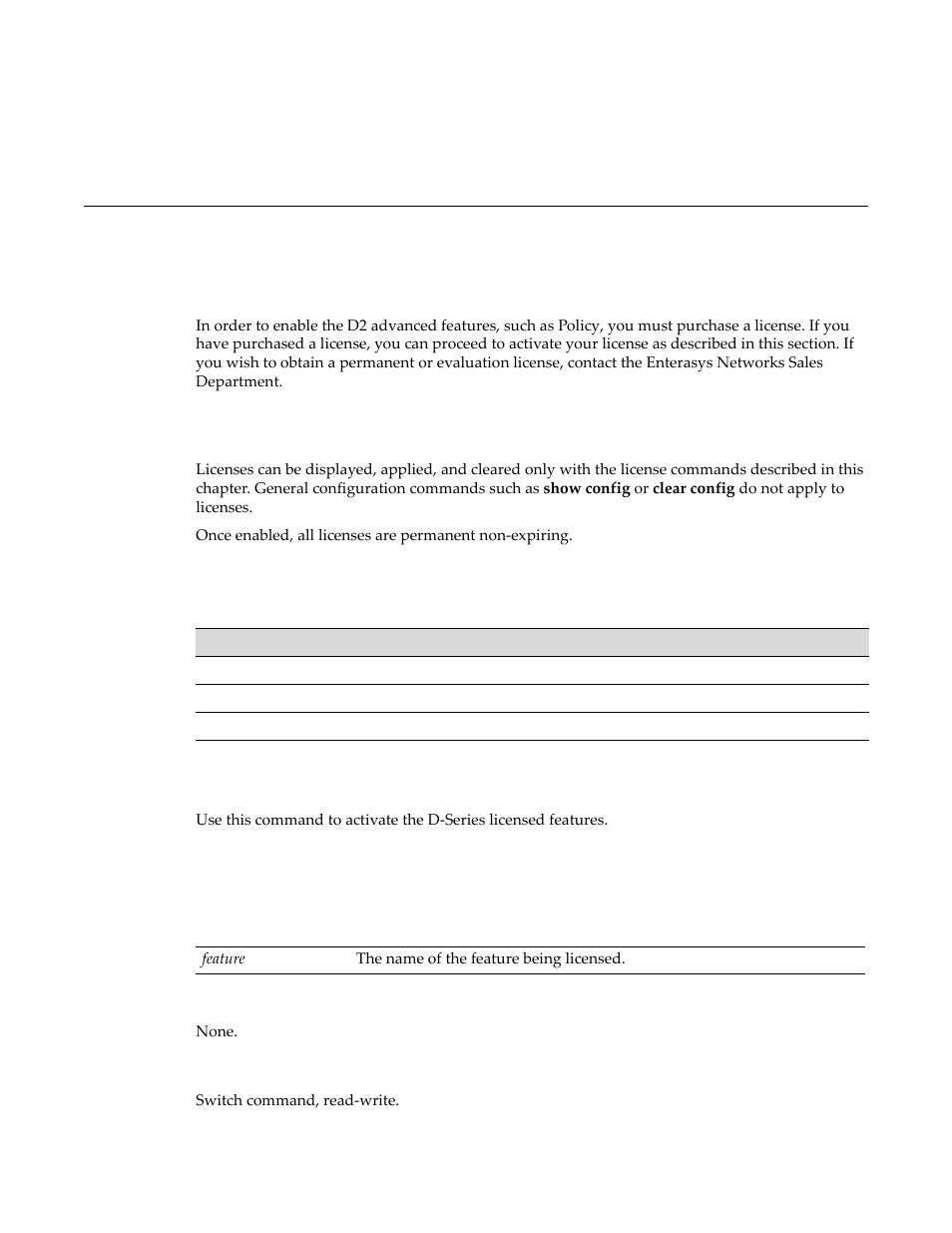 Activating licensed features, Clearing, showing, and moving licenses, Commands | Set license, Chapter 3: activating licensed features, Set license -1, Chapter 3, Commands set license | Enterasys Networks D-Series User Manual | Page 89 / 540