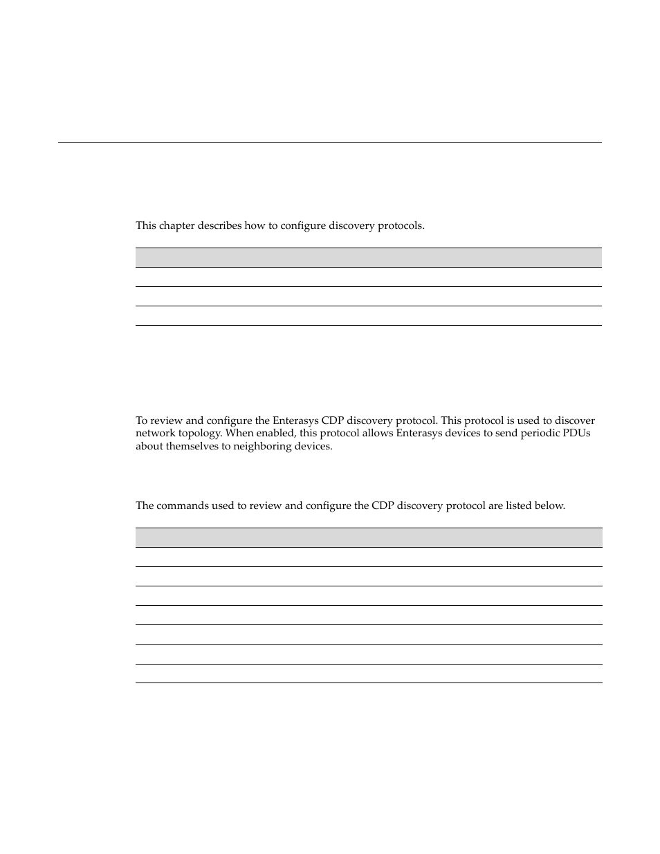 Discovery protocol configuration, Configuring cdp, Purpose | Commands, Chapter 5: discovery protocol configuration, Configuring cdp -1, Purpose -1 commands -1, Chapter 5 | Enterasys Networks D-Series User Manual | Page 97 / 540