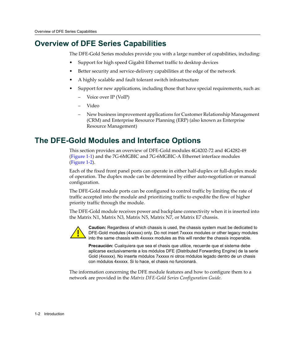 Overview of dfe series capabilities, The dfe-gold modules and interface options | Enterasys Networks Enterasys Matrix 6H303-48 User Manual | Page 22 / 90