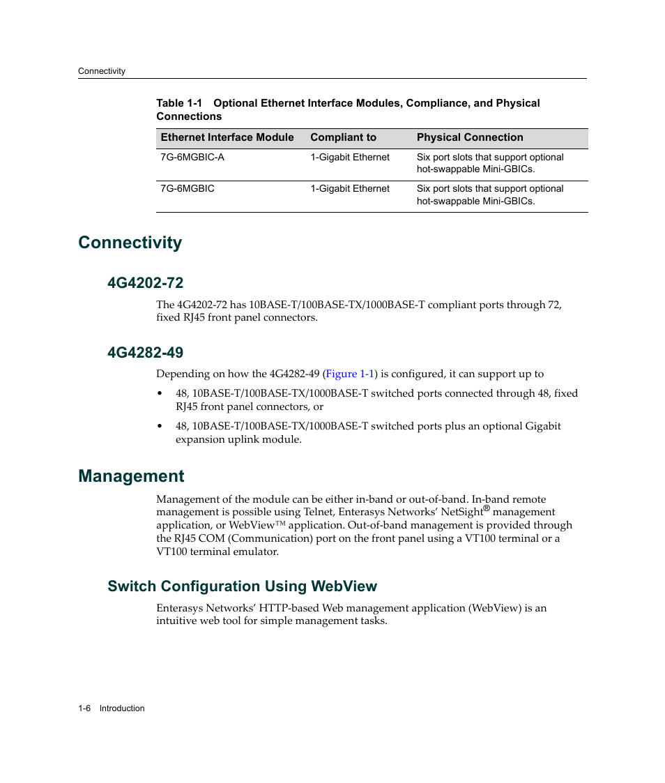 Connectivity, 4g4202-72, 4g4282-49 | Management, Switch configuration using webview, Connectivity -6, 4g4202-72 -6 4g4282-49 -6, Management -6, Switch configuration using webview -6 | Enterasys Networks Enterasys Matrix 6H303-48 User Manual | Page 26 / 90