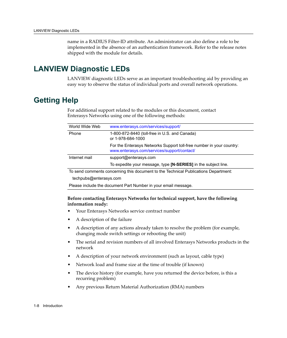 Lanview diagnostic leds, Getting help, Getting help -8 | Enterasys Networks Enterasys Matrix 6H303-48 User Manual | Page 28 / 90