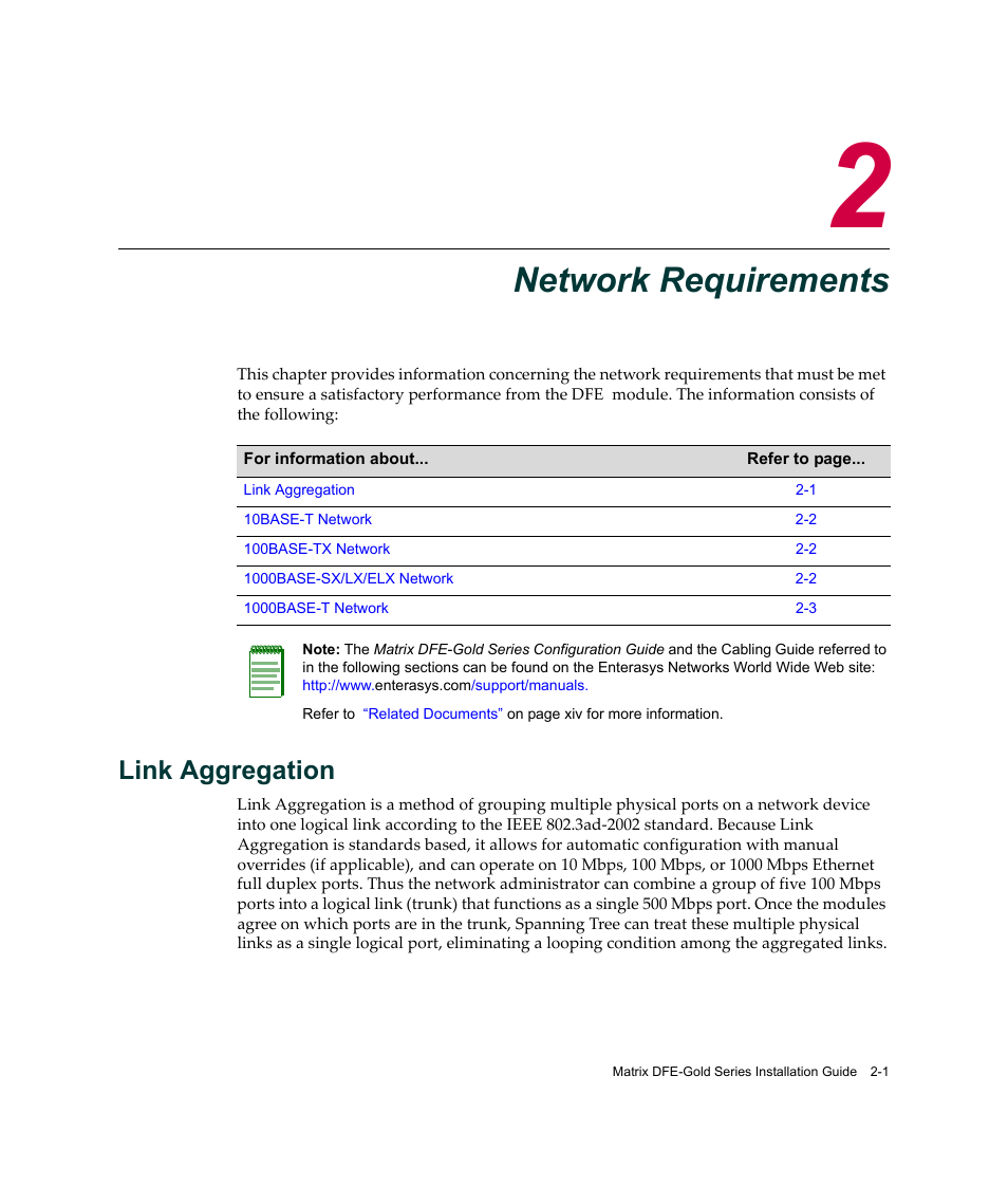 Network requirements, Link aggregation, Chapter 2: network requirements | Link aggregation -1 | Enterasys Networks Enterasys Matrix 6H303-48 User Manual | Page 29 / 90