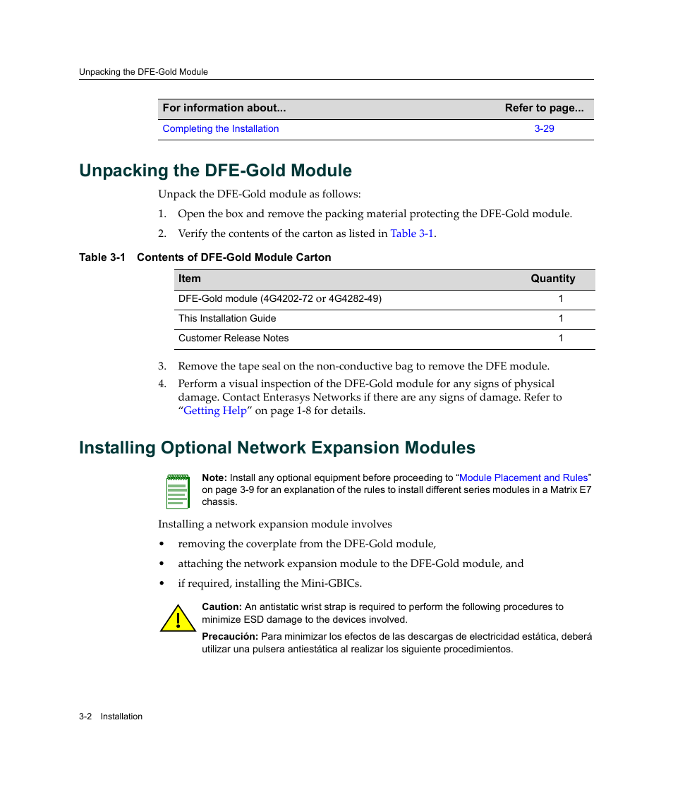 Unpacking the dfe-gold module, Table 3-1 contents of dfe-gold module carton, Installing optional network expansion modules | Contents of dfe-gold module carton -2 | Enterasys Networks Enterasys Matrix 6H303-48 User Manual | Page 34 / 90