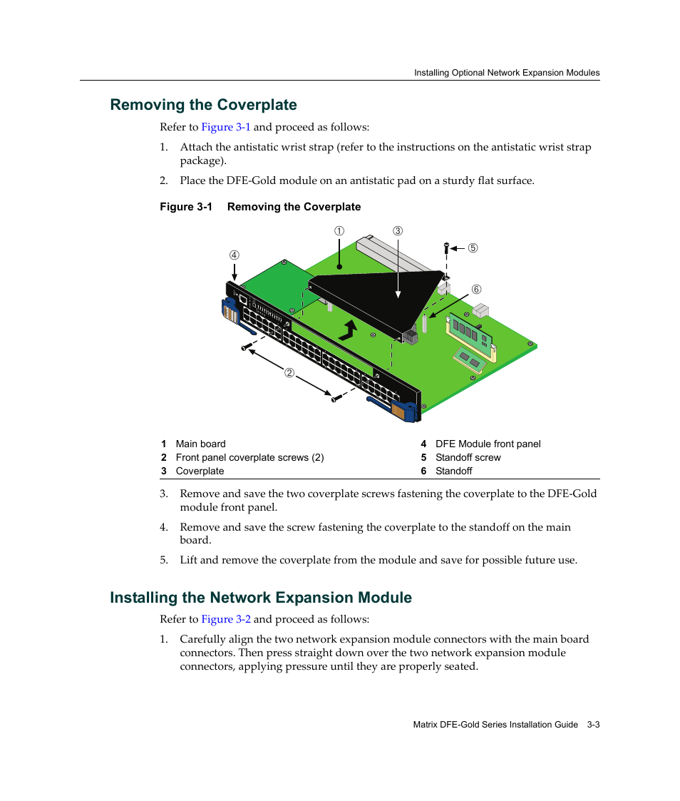 Removing the coverplate, Installing the network expansion module, Removing the coverplate -3 | Enterasys Networks Enterasys Matrix 6H303-48 User Manual | Page 35 / 90