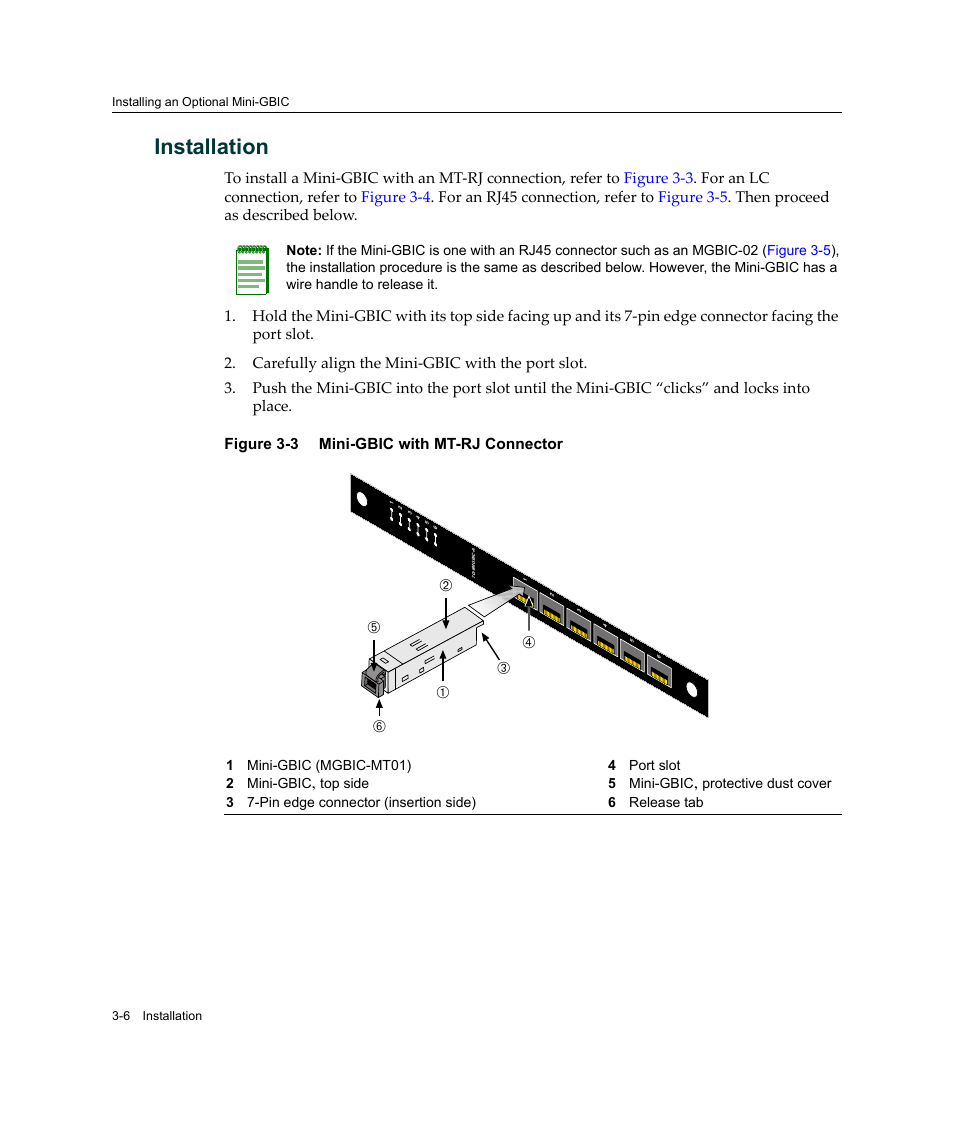 Installation, Installation -6, Mini-gbic with mt-rj connector -6 | Figure 3‐3 | Enterasys Networks Enterasys Matrix 6H303-48 User Manual | Page 38 / 90