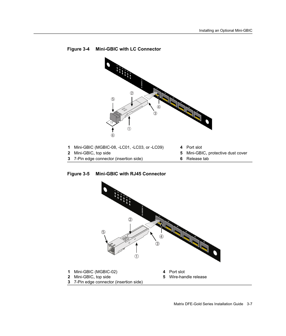 Mini-gbic with lc connector -7, Mini-gbic with rj45 connector -7, Figure 3‐4 | Figure 3‐5, Figure 3-5, Гв д а б | Enterasys Networks Enterasys Matrix 6H303-48 User Manual | Page 39 / 90