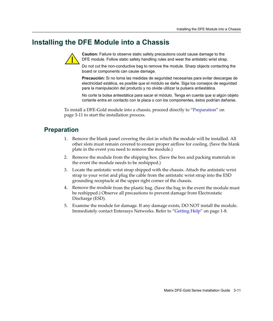 Installing the dfe module into a chassis, Preparation, Installing the dfe module into a chassis -11 | Preparation -11 | Enterasys Networks Enterasys Matrix 6H303-48 User Manual | Page 43 / 90