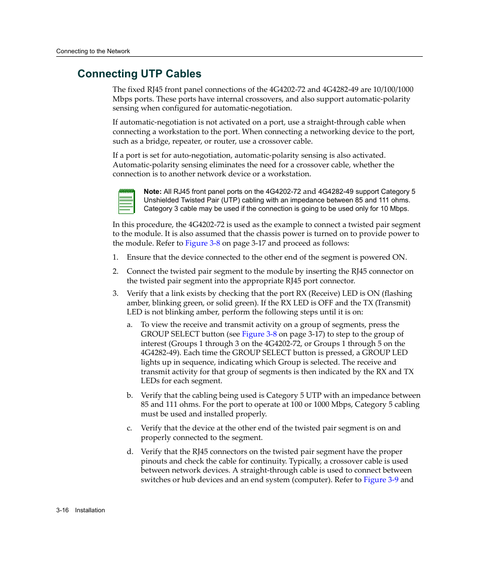 Connecting utp cables, Connecting utp cables -16 | Enterasys Networks Enterasys Matrix 6H303-48 User Manual | Page 48 / 90