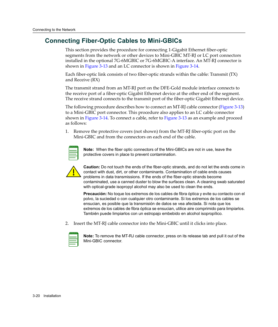 Connecting fiber-optic cables to mini-gbics, Connecting fiber-optic cables to mini-gbics -20, Connecting fiber‐optic cables to mini‐gbics | Enterasys Networks Enterasys Matrix 6H303-48 User Manual | Page 52 / 90